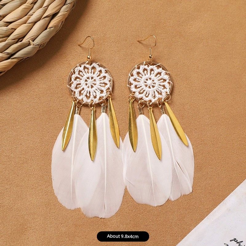 Ethnic Style Bohemia Feather Earrings White Long Style Fashion Retro Stylish Tassel Female Holiday Trip Shoot Earrings
