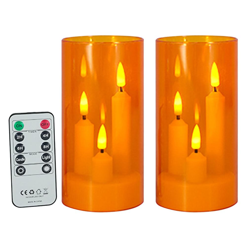 2Pcs LED Electronic Candles Lights with RC Acrylic Glass Candle Light Three-Wick Pillar Candles for Wedding Christmas Room Decor