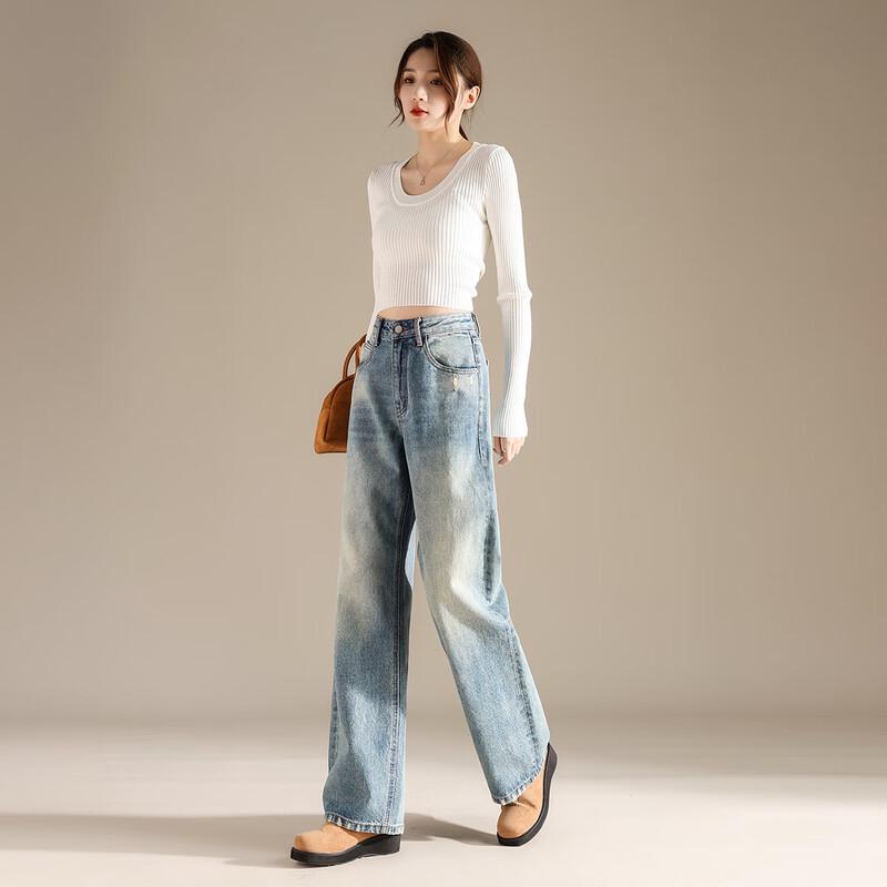 RAIN.CUN Women's High Waist Light Wash Straight Leg Jeans