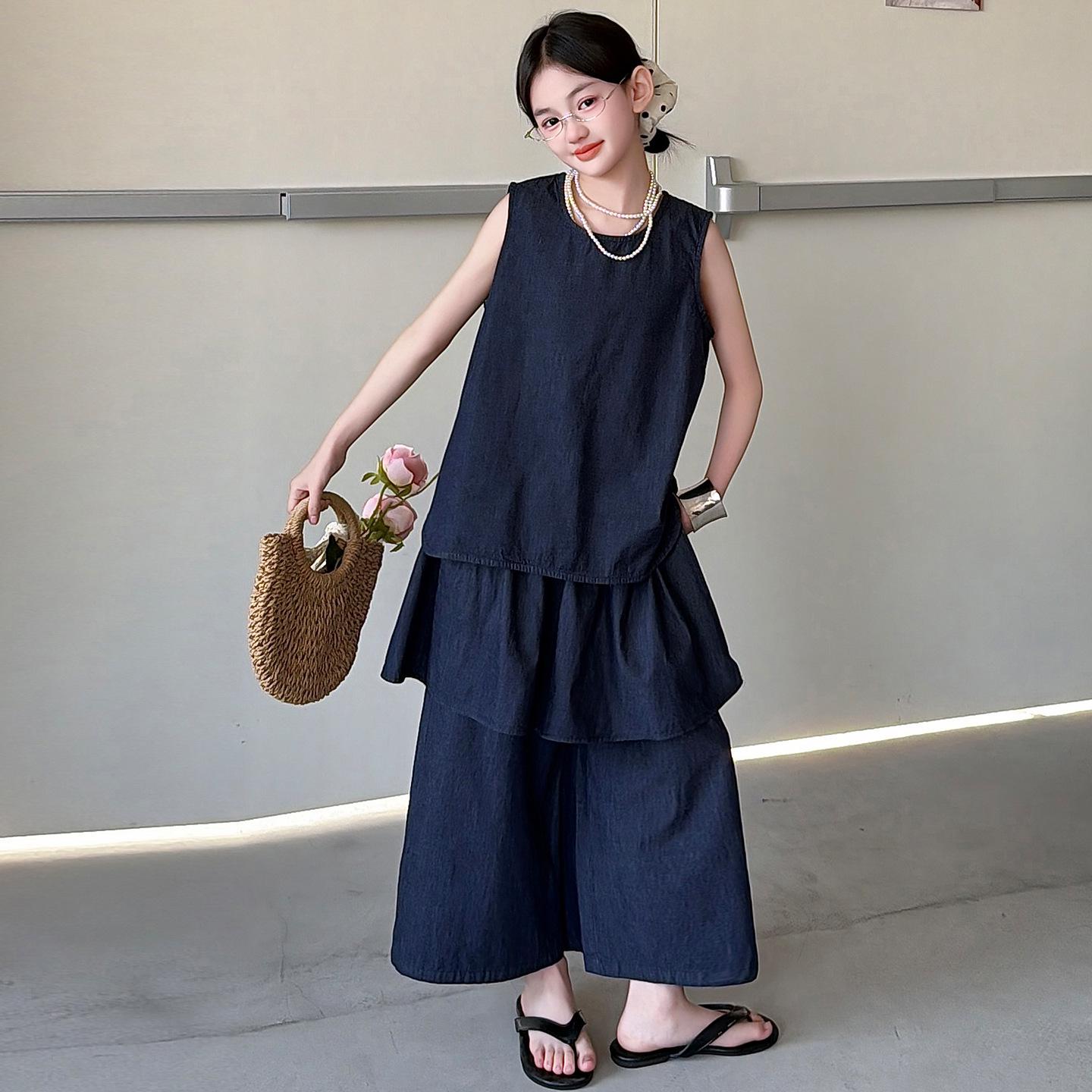 Girls Korean Denim Sleeveless Summer Outfit with Wide-Leg Pants Size: 150cm