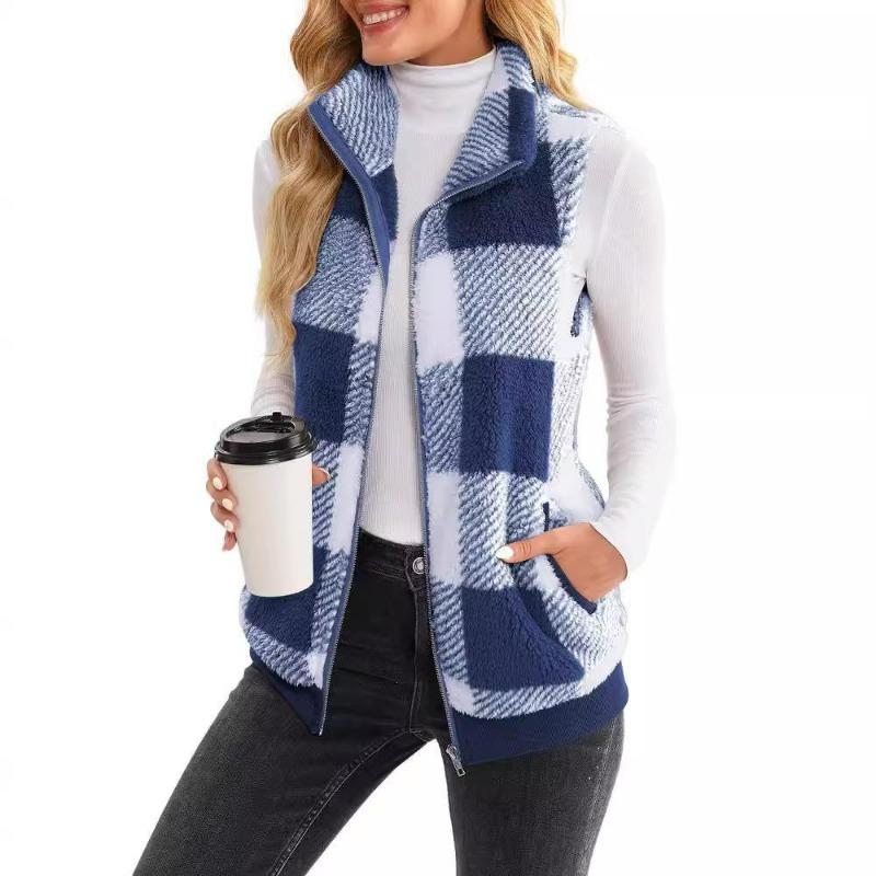 Women's Plaid Fleece Vest Stand Collar Zip Up Sleeveless Jacket Warm Casual Fall Winter Waistcoat S-5XL