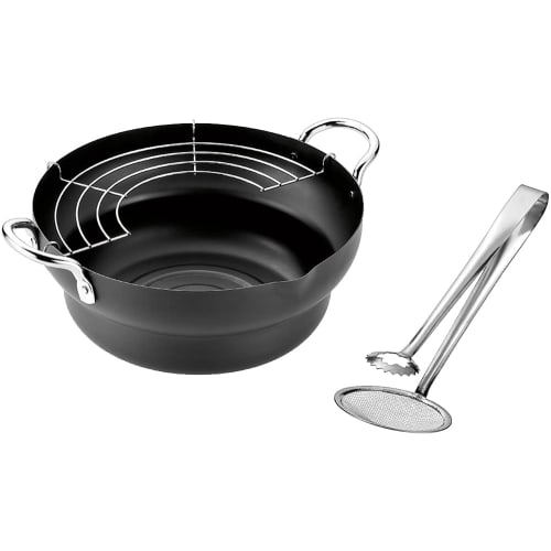 

Yokoyama Japanese-made Tempura Pot, 24cm, with Tongs, and Handle, Tsubamejuku no Waza (Tsubame-juku Technique) EJTP-403