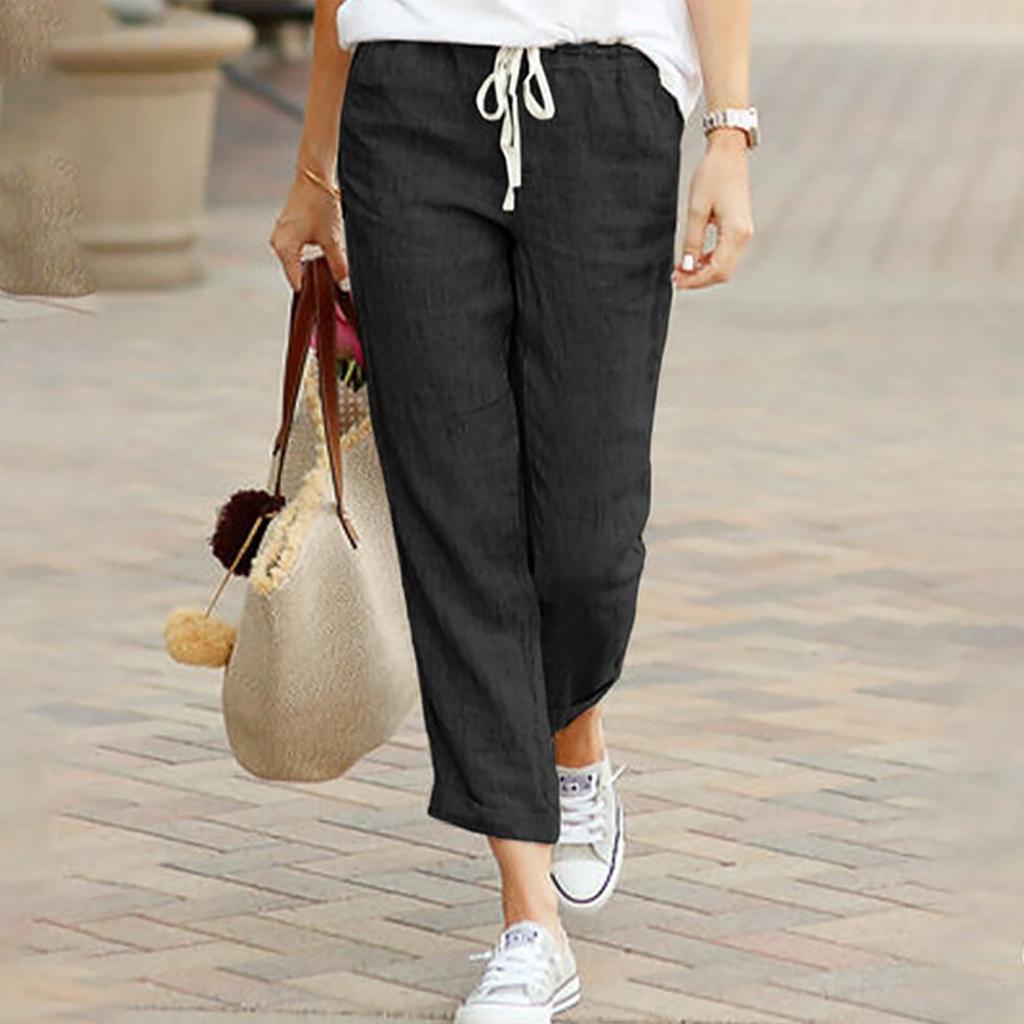 Women's Hemp Pants Mid-rise Cropped Europe and America Summer New Leisure Solid Color Straight Trousers