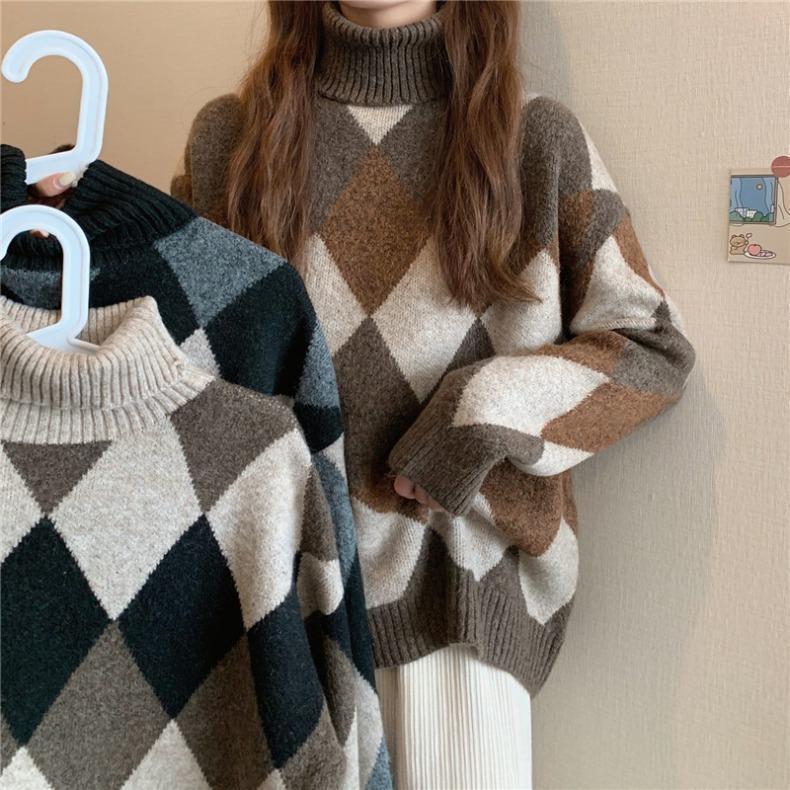 2023 Korean Retro Diamond Plaid Color Block Thick Warm Loose High Neck Sweater for Women
