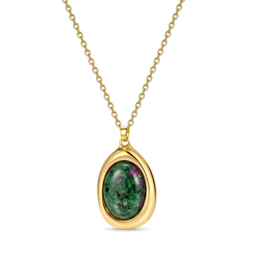 Gold Tone Oval Natural Stone Pendant Necklace, Vintage Cabochon Gemstone Chain for Women Gift