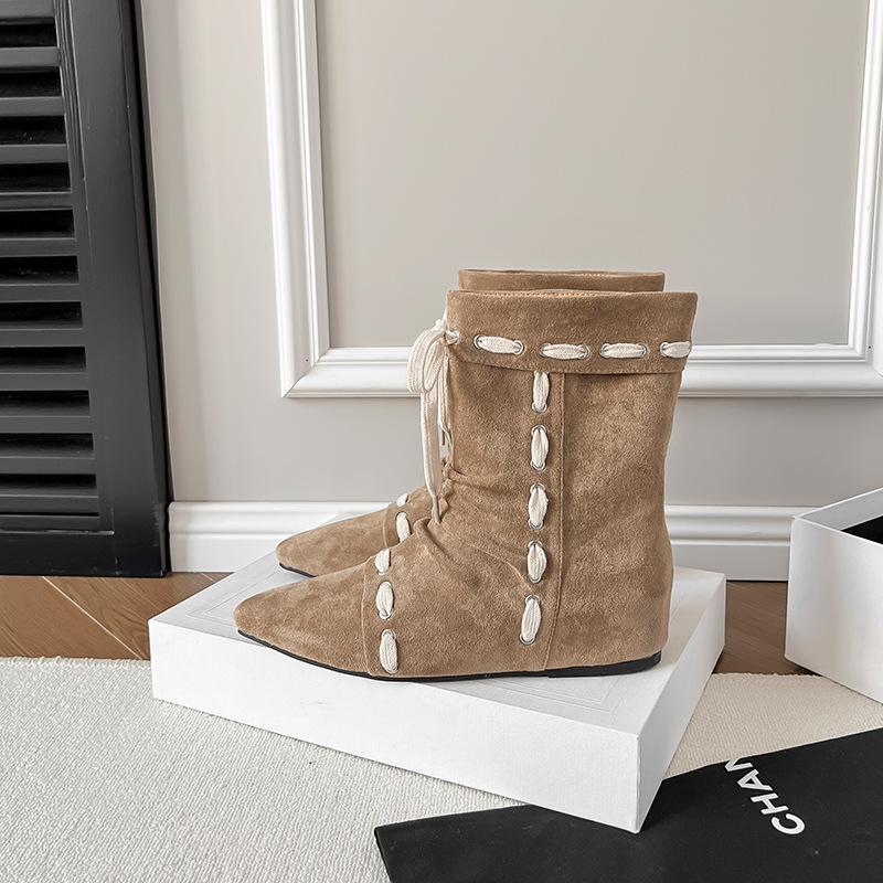 Cowhide~ Autumn and Winter New Niche Design Stacking Ankle Boots Women's Pointed Short Boots Fashion Versatile Straps Stacking Boots