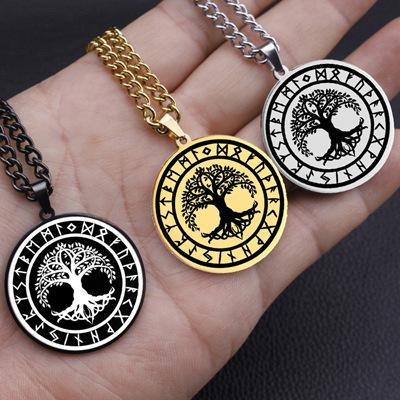 Viking Mythology Yggdrasil Tree of Life Rune Circle Stainless Steel Pendant Necklace