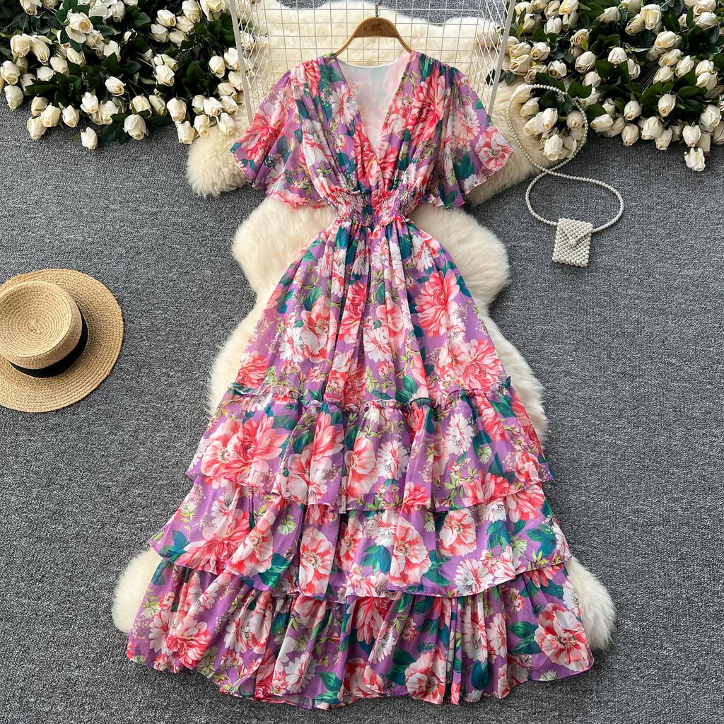 Retro V-Ausschnitt Schmetterlingsärmel Druck Chiffon Elegantes Sommerkleid A-Linie Schlagärmel Urlaubsdruck Damenkleider
