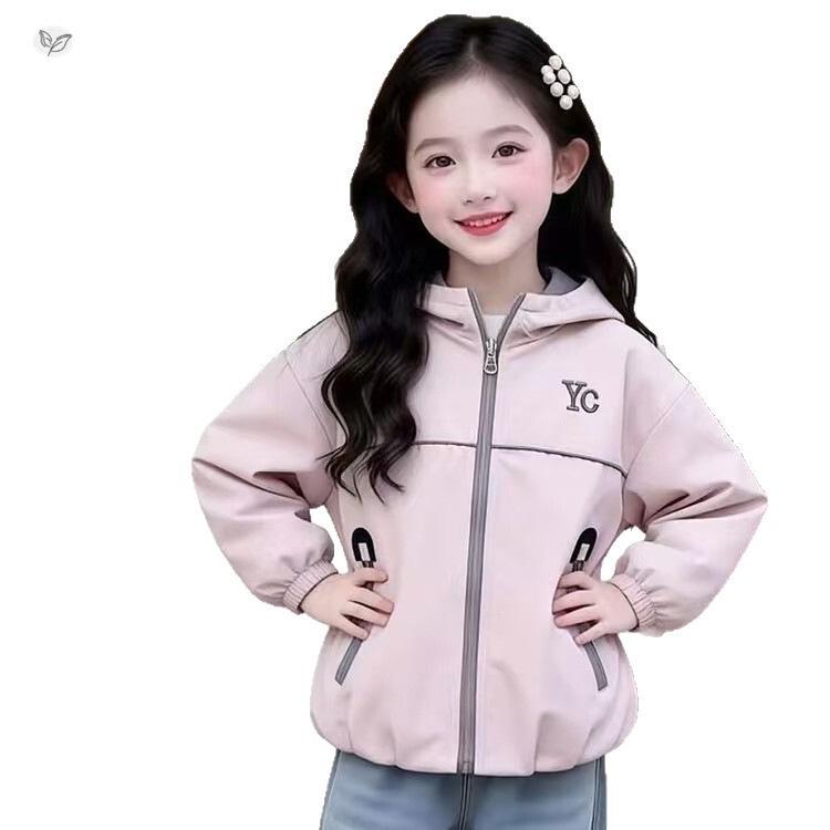 Girls' 2026 Autumn Double-Sided Letter Print Hooded Jacket - Medium & Large Kids Short Zip-Up Shirt