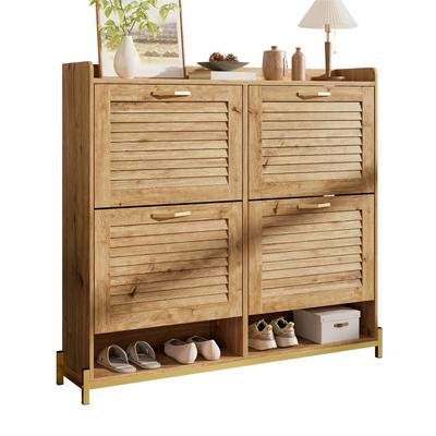 Modern Shoe Cabinet with 4 Wood Slat Doors, Metal Frame – Space-Saving Organizer for Entrance, Hallway or Bedroom (108.5×24×100 Cm)