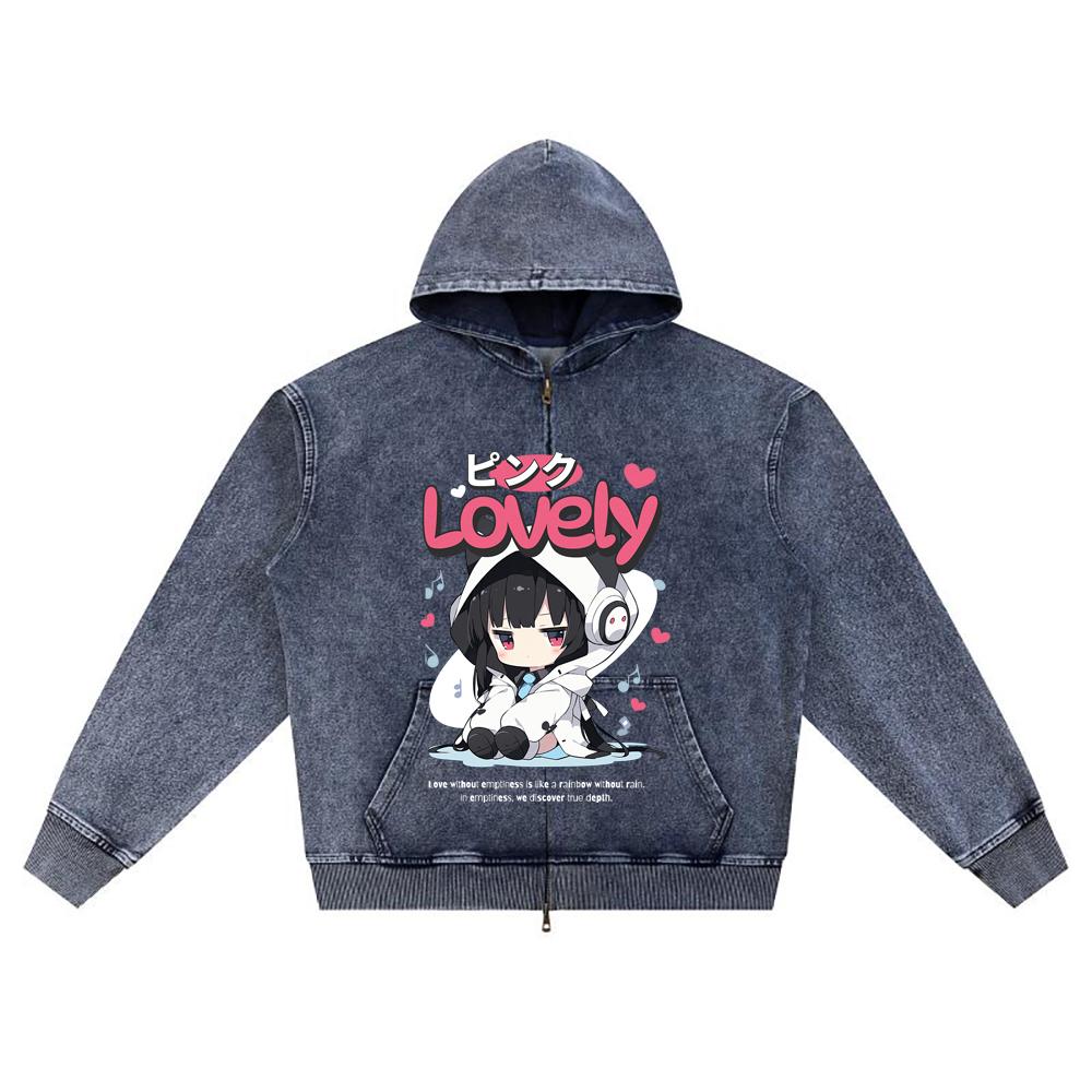 

DTG print Knitted Denim Zip-Up Hoodie Lovely Brother Print Zipper Hoodies XL темно-синий