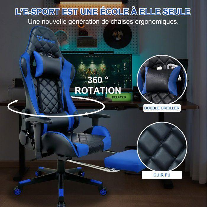 FOXSPORT-Fauteuil de bureau - Gamer - Réglable - Repose-pieds - Coussin de tête - Coussin lombaire - Bleu