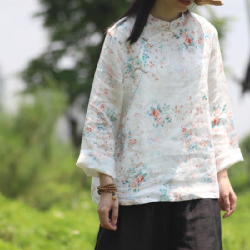 Johnature Frau Frühling Mode Druck Retro Schnalle Chinesischen Stil Hemd Casual Lange Ärmeln Vintage Stil Hemd