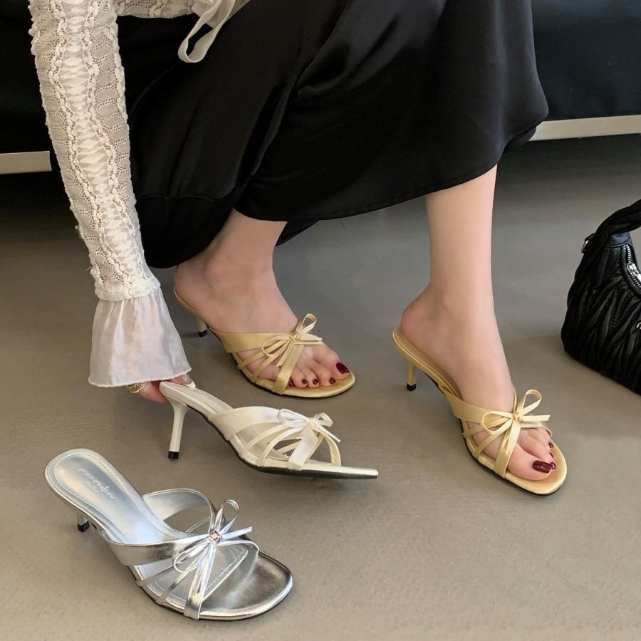 Leather silver with skirt thick heel bow one-word slippers women's summer wear French high-heeled cool slippers