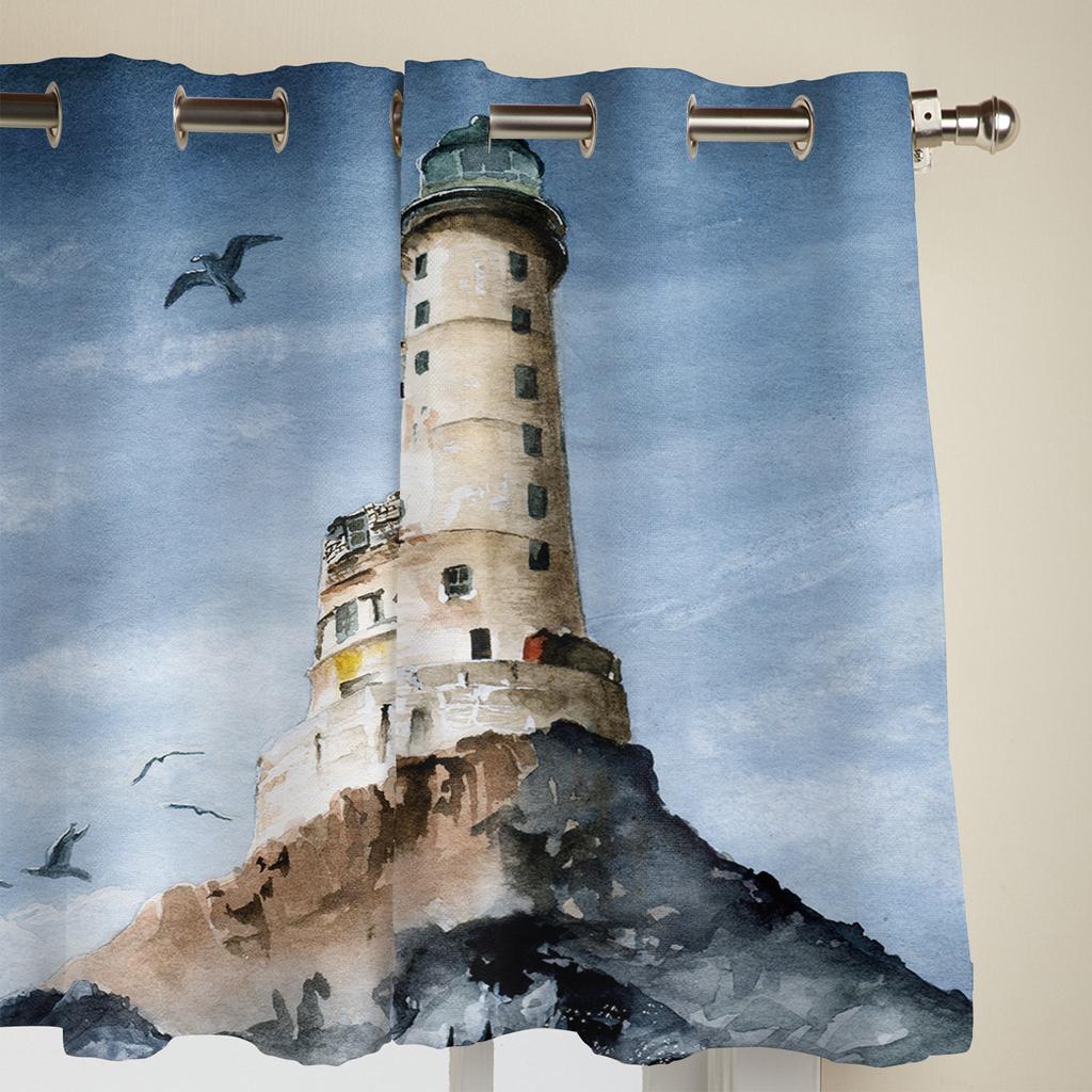 Lighthouse Island Vintage Watercolor Modern Window Curtains for Living Room Bedroom Curtain Kitchen Treatment Blinds Drapes