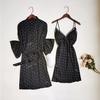 Polka Dot Printed Robe Set Female Summer Sexy Strap Chest Pad  Cardigan Ice Silk Sleepwear