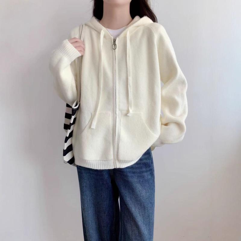 Lazy Wind Hooded Sweater Jacket Women's Autumn and Winter New Loose Casual Zipper Knitted Cardigan Jacket