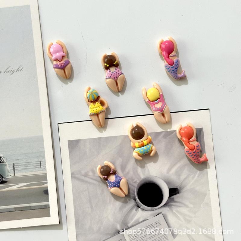 6/11pcs Cute Beach Girl Mermaid Fridge Magnets Set Resin Swimsuit Bikini Refrigerator Stickers Summer Decor Kitchen Photo Wall