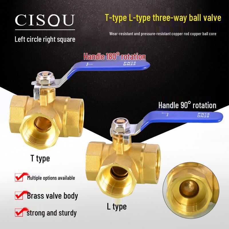 Copper Three-Way T/L-Type Ball Valve, 4-6 Points, 1" Internal Thread, One-In-Two-Out, for Water or Natural Gas.