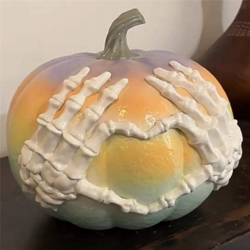 Dopamine Halloween Pink Skull Hand Pumpkin Carving Statue Gothic Style Decorative Resin Craft Desktop Accessory Decor Dapamine