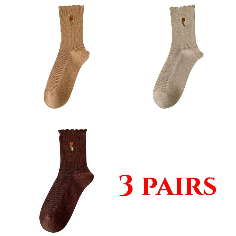 3 Pairs of Women's Socks Set Spring and Summer Thin Breathable Ruffle Edge Socks All Cotton Cute Women's White Printed Socks