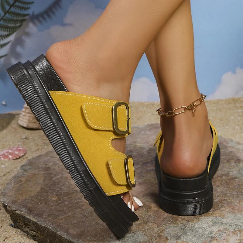 Fashion 2025 Double Buckle Women Shoes Platform Sandals for Women Summer Beach Solid Sandals Brand Woman Plus Size Cow Suede Flat Slides