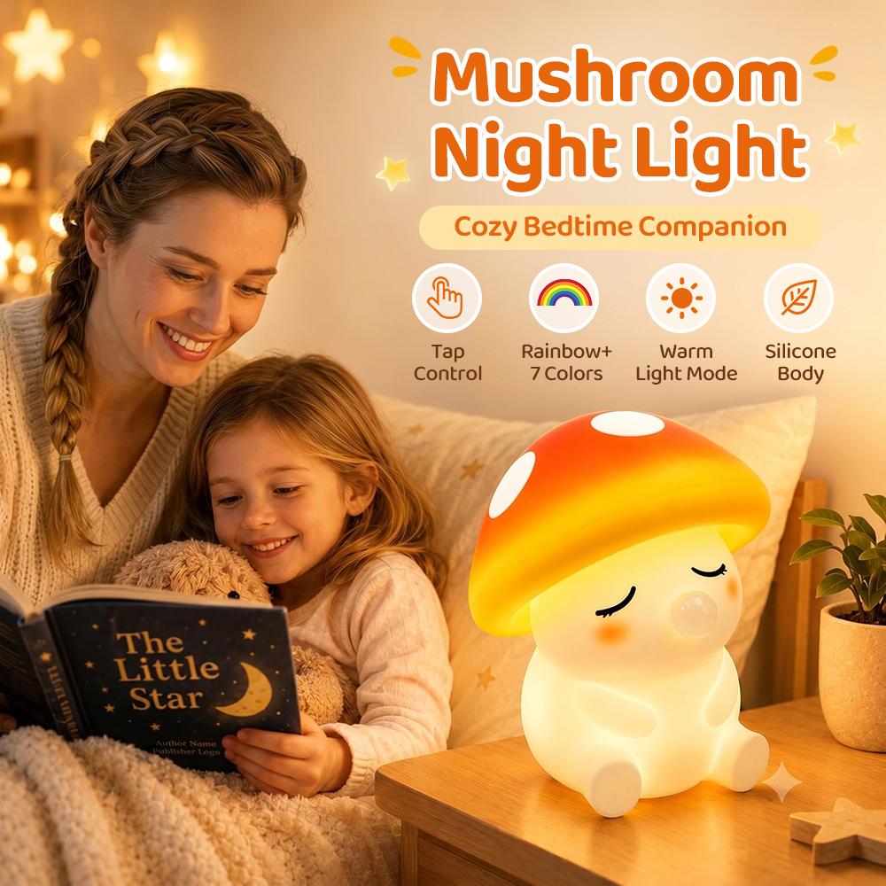 Squishy Mushroom Night Light With RGB Color 2 Brightness Adjustable Nursery Nightlight Rechargeable Silicone Touch Bedside Lamp