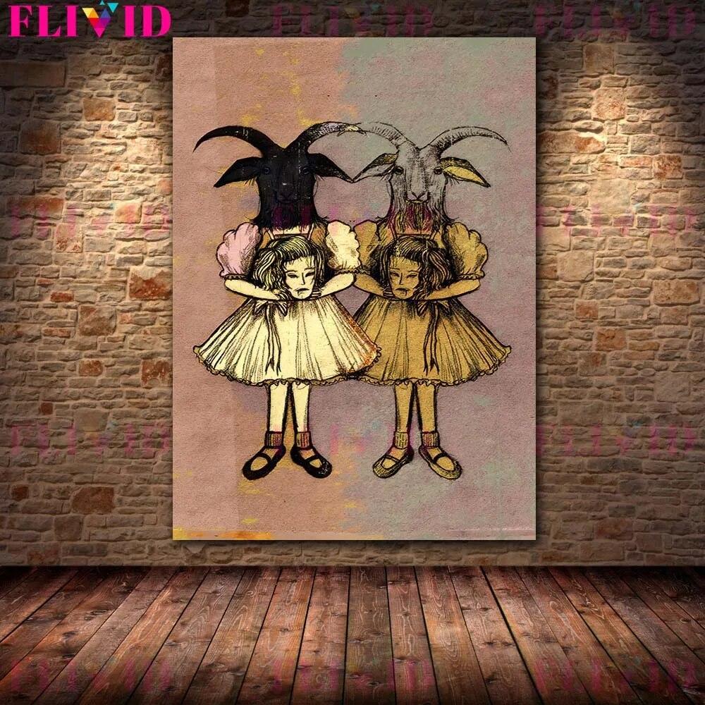 Bloodthirsty Lamb And Snake,Owl Vintage Terrible Animal Wall Art Canvas Painting Owl And Goat Man Abstract Poster Print Decor No Frame