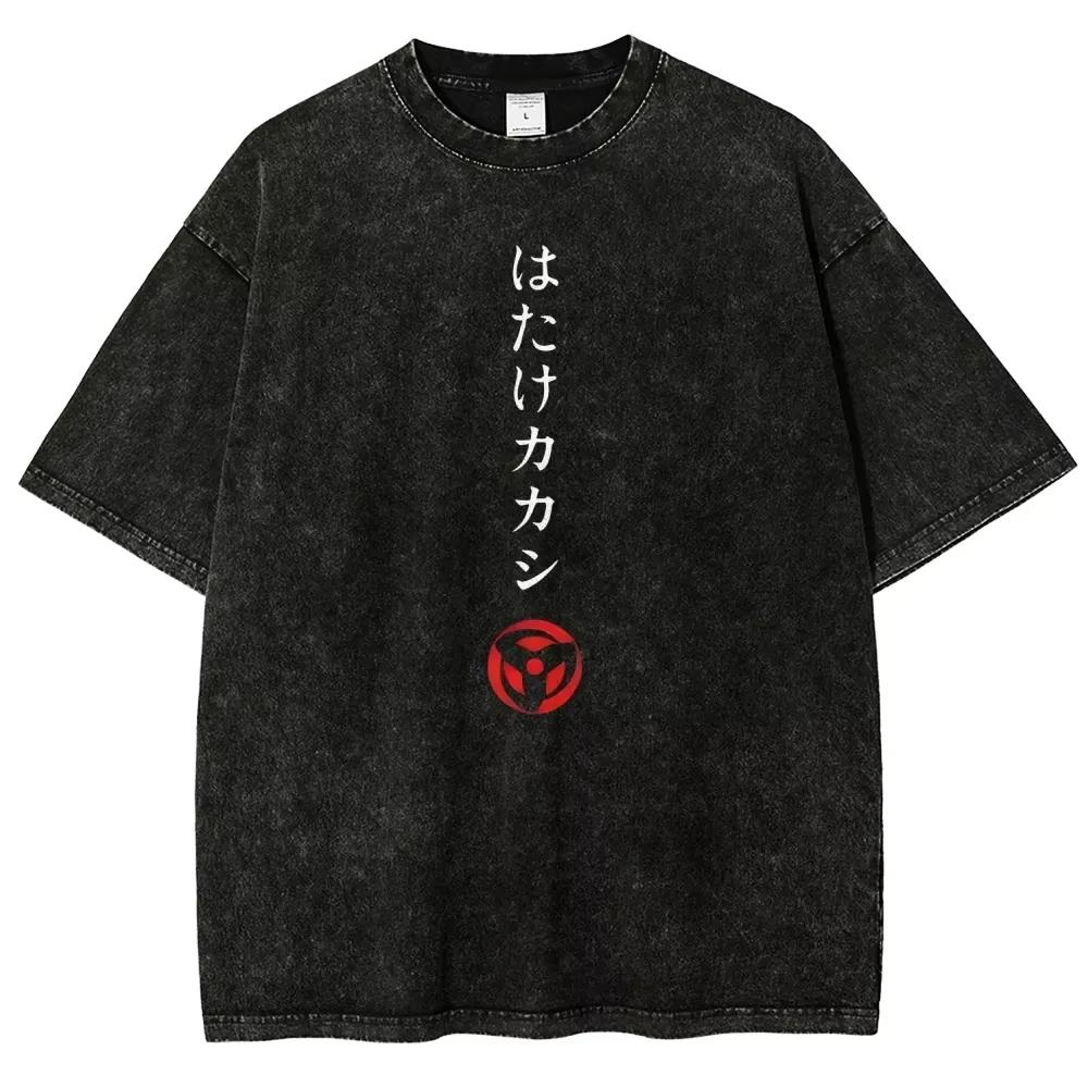 Naruto Kakashi Hatake T-Shirt Sharingan Auge Vintage Säurewäsche Streetwear Retro Anime Grafik Baumwolle Herren T-Shirts Top