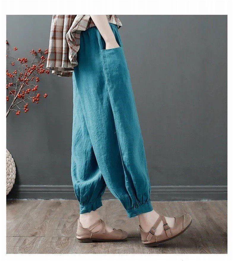 Dámské letní 100% bavlněné lněné lampionové kalhoty - Ležérní, volné, devítibodové, haremového stylu s manžetami na zavazování