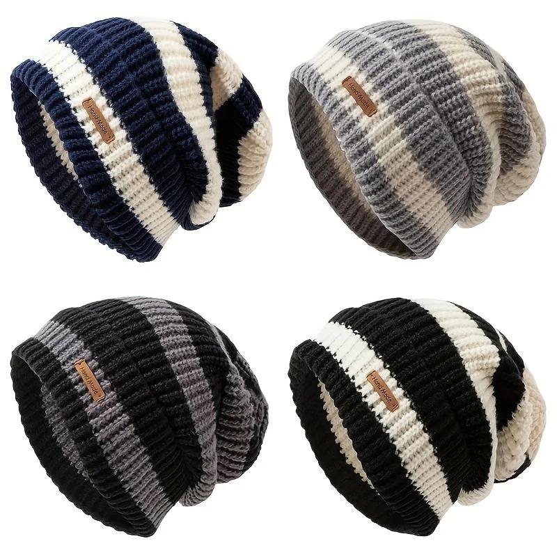 Koreanische Mode Gestreifte Strickmütze Trend Leichte Mütze für Damen Herren Warm Winddicht Herbst Winter Geeignet für Outdoor Radfahren