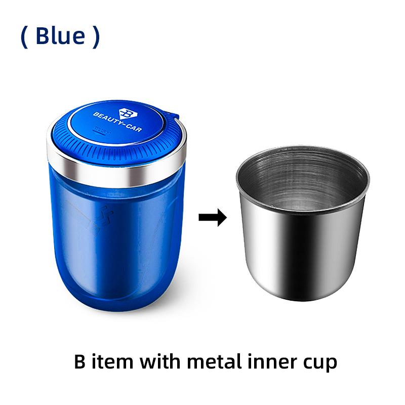 Car Ashtray with Lid Smell Proof Stainless Steel Blue Led Portable Ashtray Cup for Auto Fireproof Shell One Touch Open