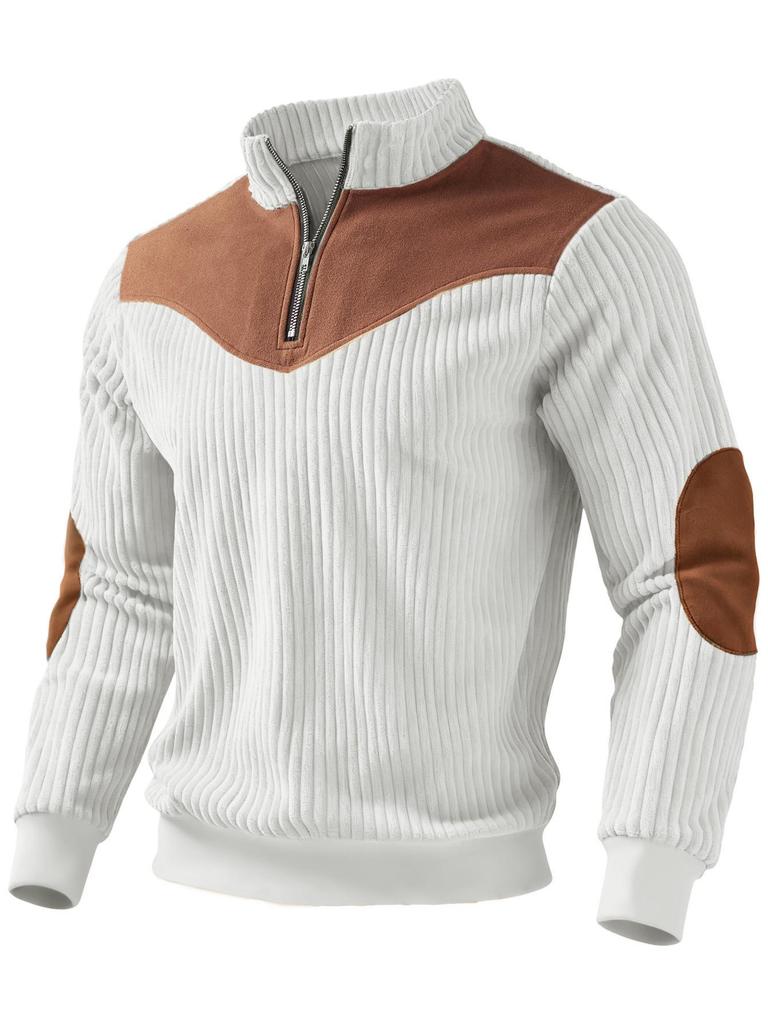Men's Retro Stand-Up Collar Ribbed Pullover - Half-Zip, Warm Patchwork for Autumn/Winter Christmas Gift