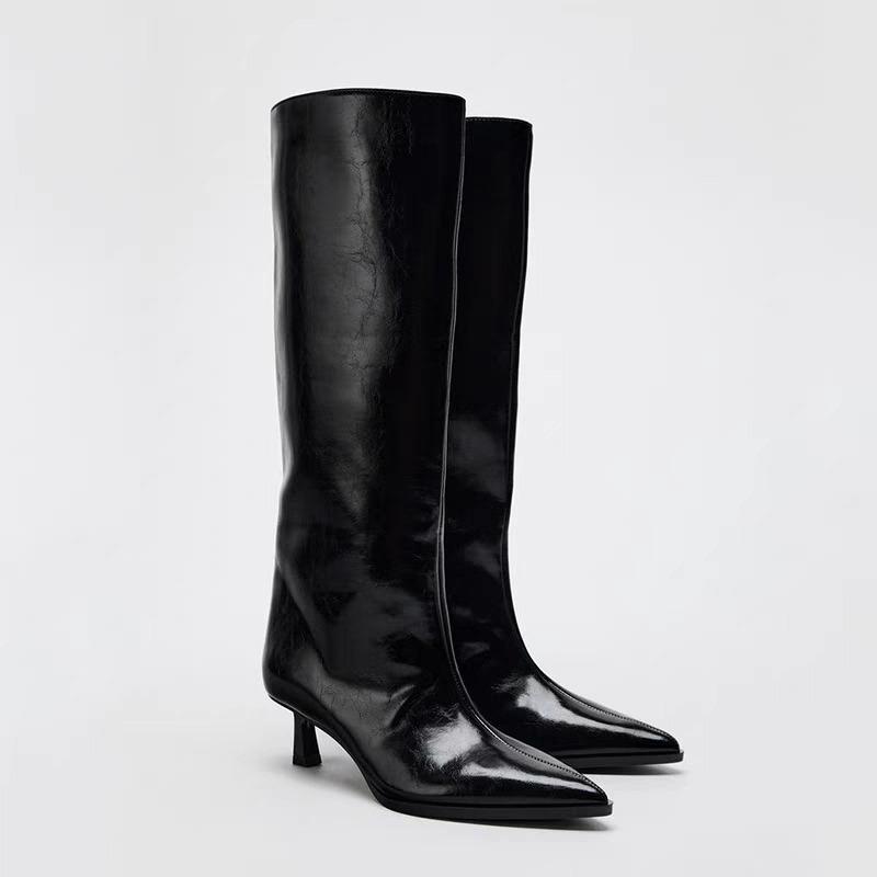 Stivali Neri Eleganti a Punta Autunnali Nuovi Classici Design Brand Sexy Stivali Alti One-step per Uso Quotidiano Casa Ufficio Shopping Botas Mujer