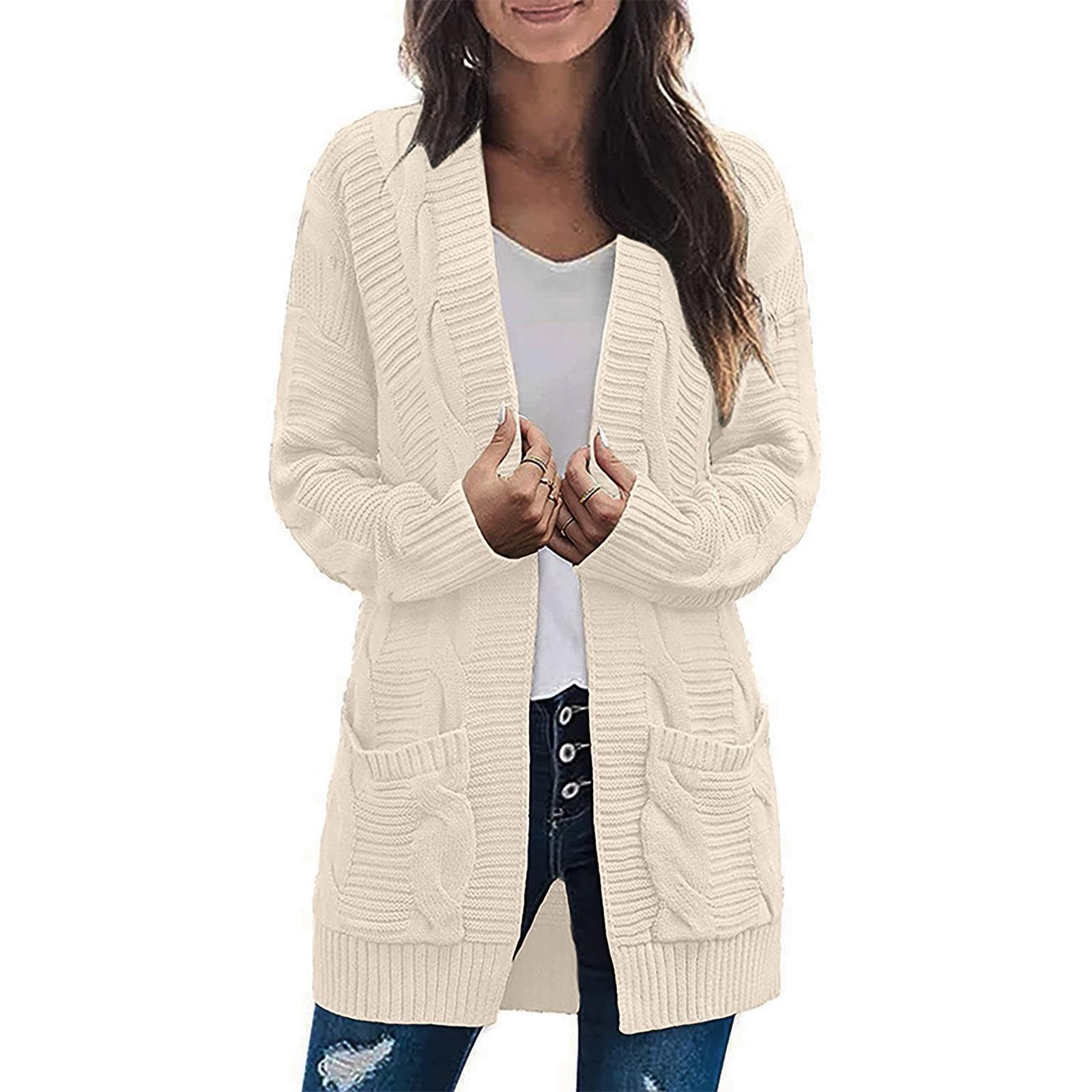 

Женская мода Повседневный открытый спереди Длинный рукав Кардиганы крупной вязки Свитера Верхняя одежда Пальто M бежевый
