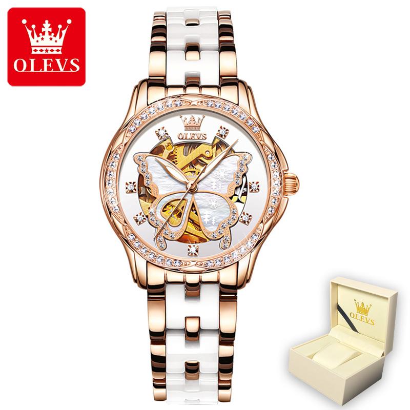 

OLEVS 6622 с подарочной коробкой, кожаные часы с водонепроницаемыми автоматическими механическими часами, женские часы