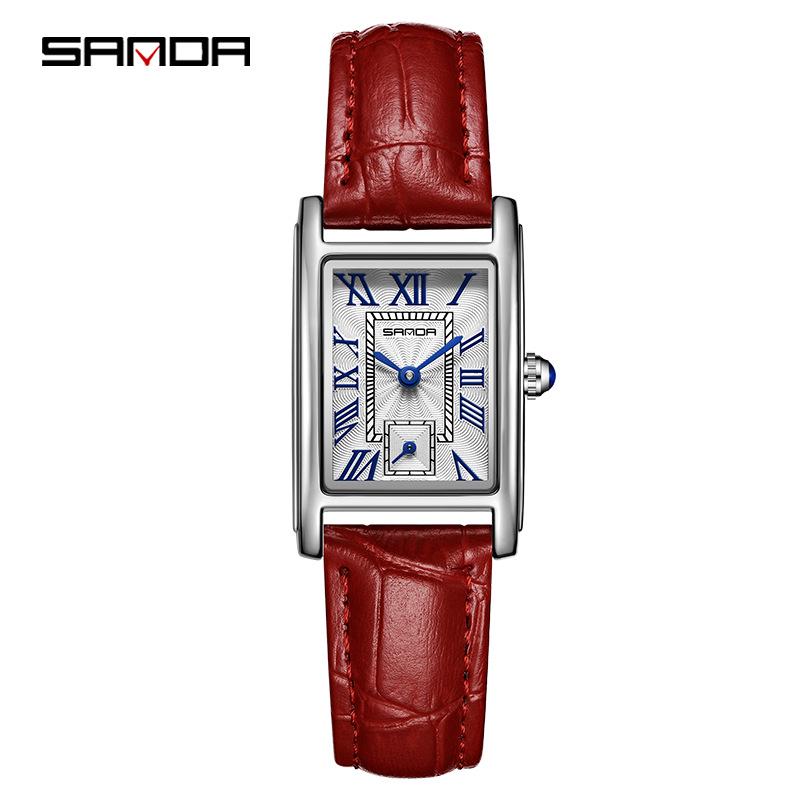 Stylish Sanda Square Steel & Leather Quartz Watch with Roman Numerals, Waterproof Design for Women