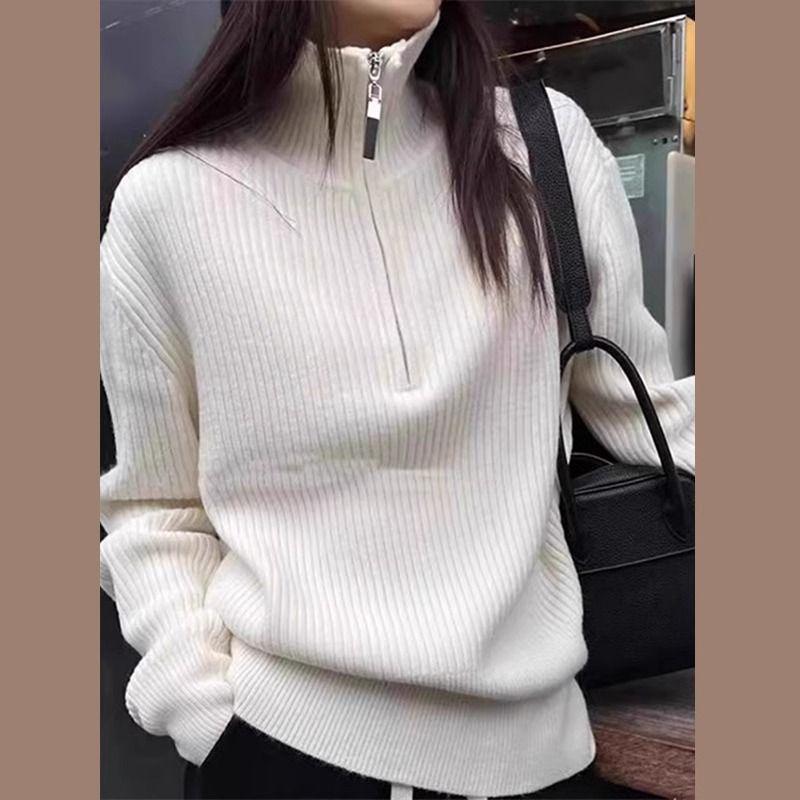 

Женский свитер-водолазка с полумолнией 2024 года — вязаный топ для осени/зимы S (78-88 cm) белый