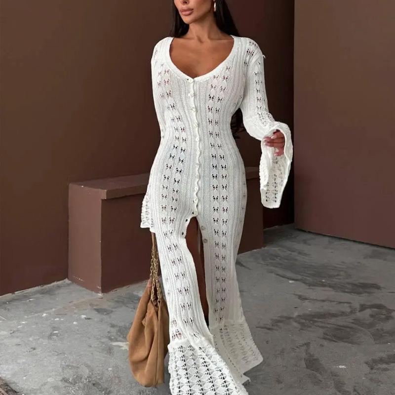 A New Solid-color Long Knitted Cardigan with Hollowed-out Flared Sleeves and A Laid-back V-neck Women's Blouse