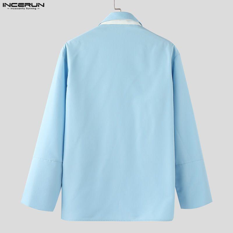 INCERUN Men Tie Lapel Neck Long Sleeve Solid Buttons Up Casual Oversized Shirts