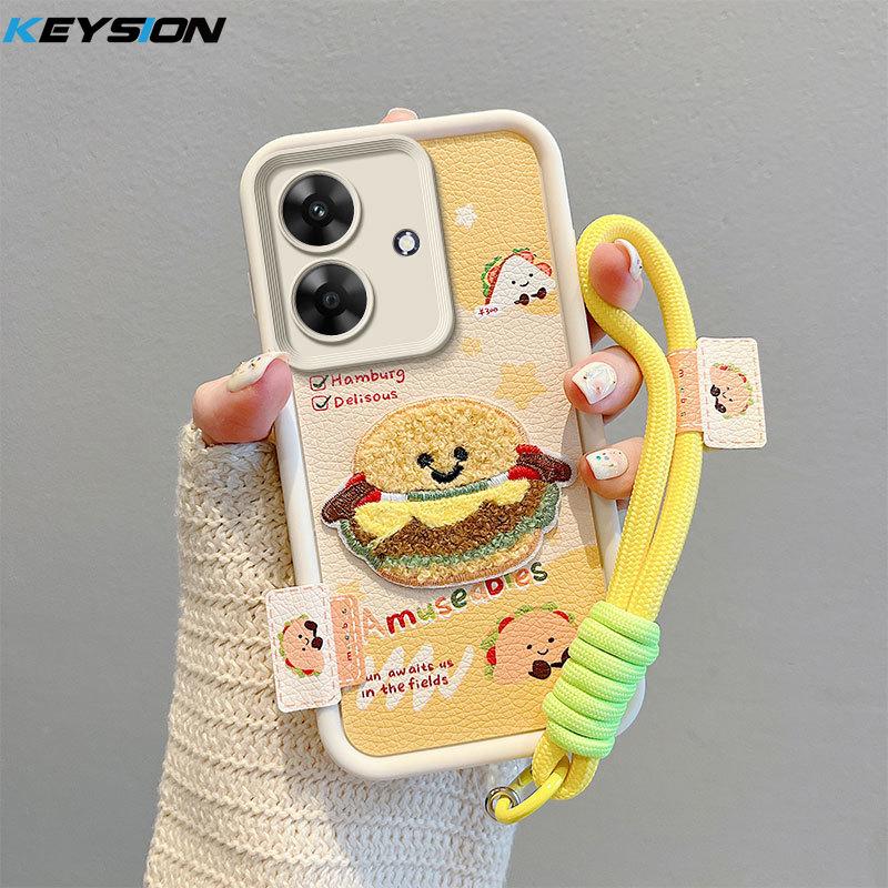 KEYSION Cartoon Cute Plush Embroidery Case for Realme Note 60 60X with Lanyard Shockproof Phone Cover for OPPO Realme Note 60X