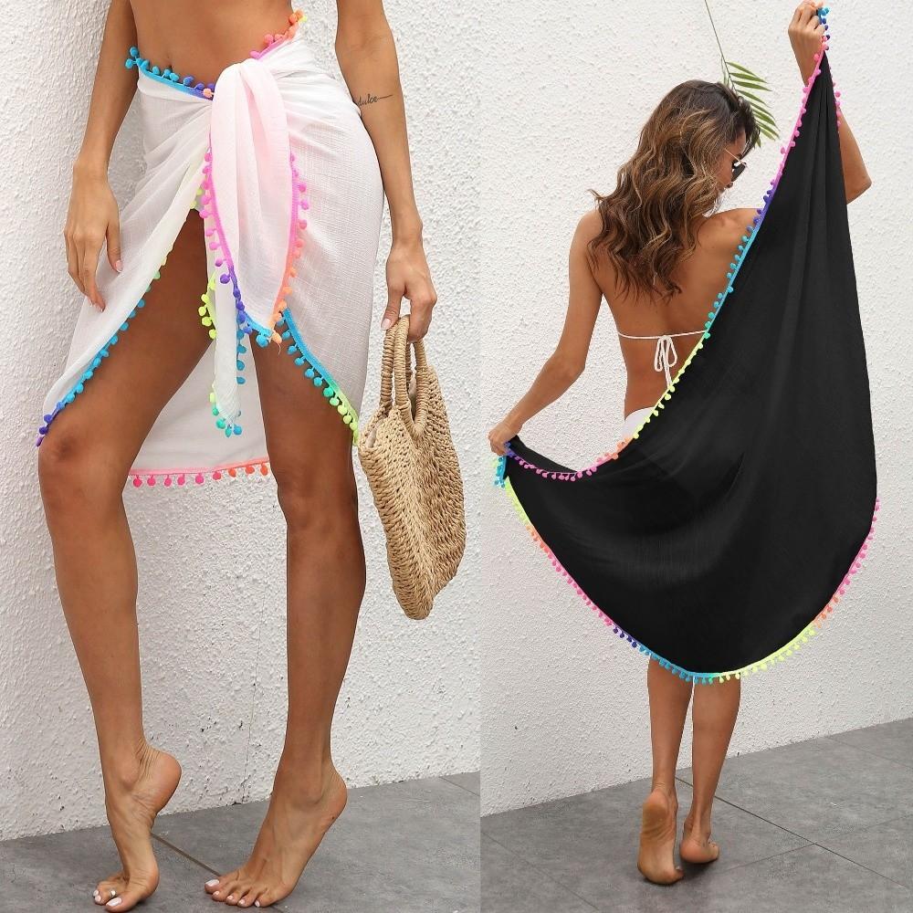 Colorful Pompom Tassel Skirt Bikini Cover Chiffon Swimsuit Sarong Sheer Mesh Skirt Beach Vacation