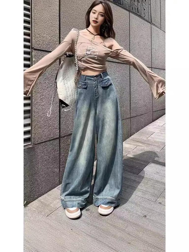 Plus Size Women's High Waist Retro Wide Leg Jeans - Slimming Loose Straight Leg for Spring/Summer