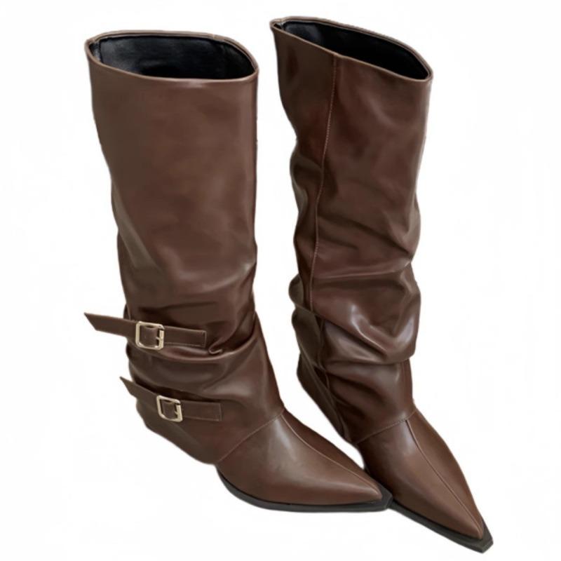 Spring and Autumn pointed buckle pleated piled boots punk style knight boots middle heel fried street babes high tube pants boots