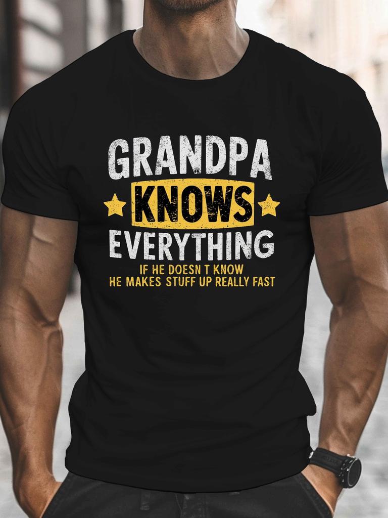 GRANDPA KNOWS EVERYTHING text Men'S Casual Grew Neck Short Sleeve T-Shirt For Summer, Plus Size
