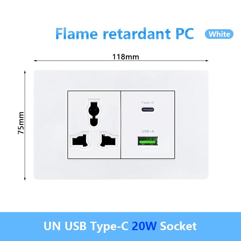 EU Korea Stromstecker mit 16A USB-Steckdose, Elektrisches 2-Wege-Lichtschalter-Panel, Universelle USB-Typ-C 20W Schnellladebuchse 220V