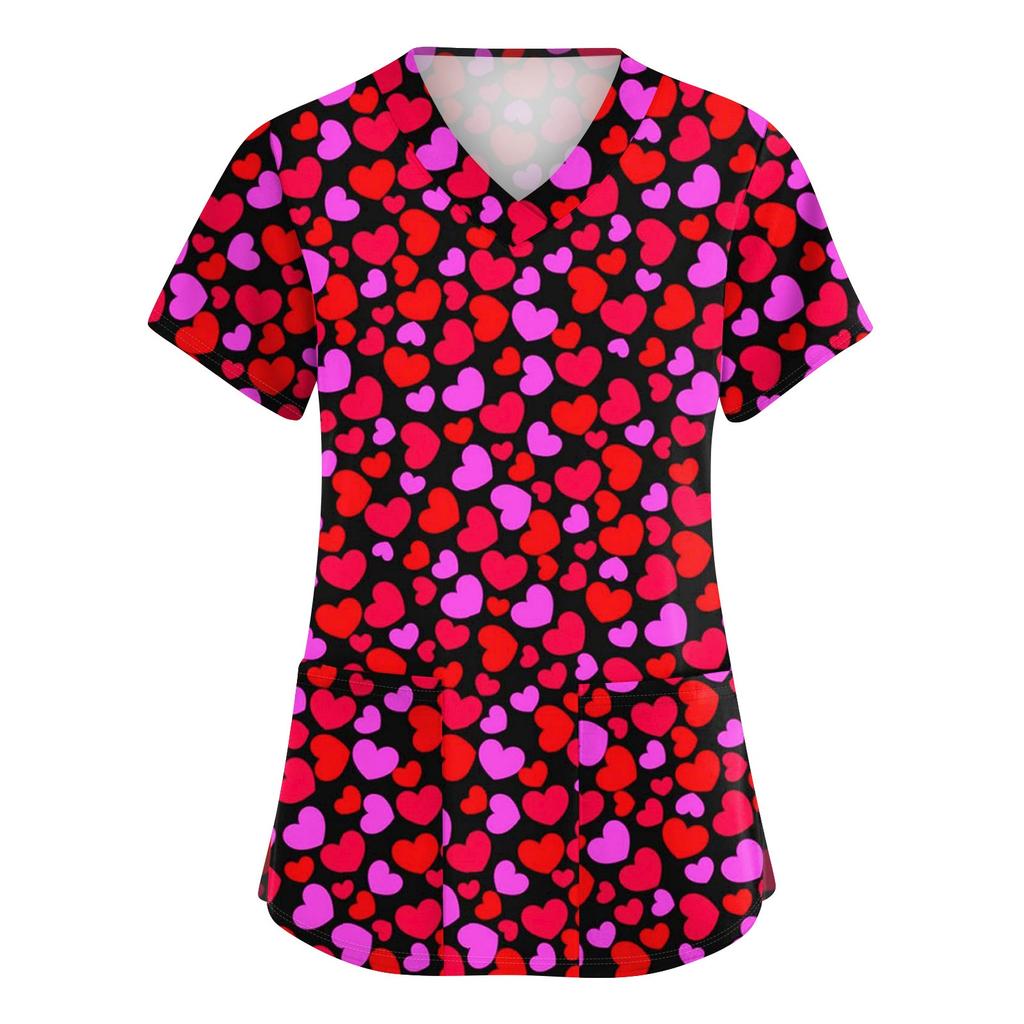 Women's Cute Bow Printed Work Clothes V-neck Double Layer Pockets Basic Short Sleeve Top Pullover