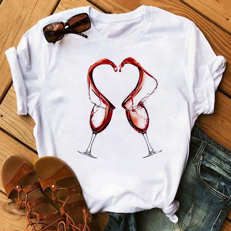 New Women T-Shirt Casual Short Sleeve T Shirt Women's Fashion Rose Red Wine Glass Printed Black T-Shirt Female Tops Tees