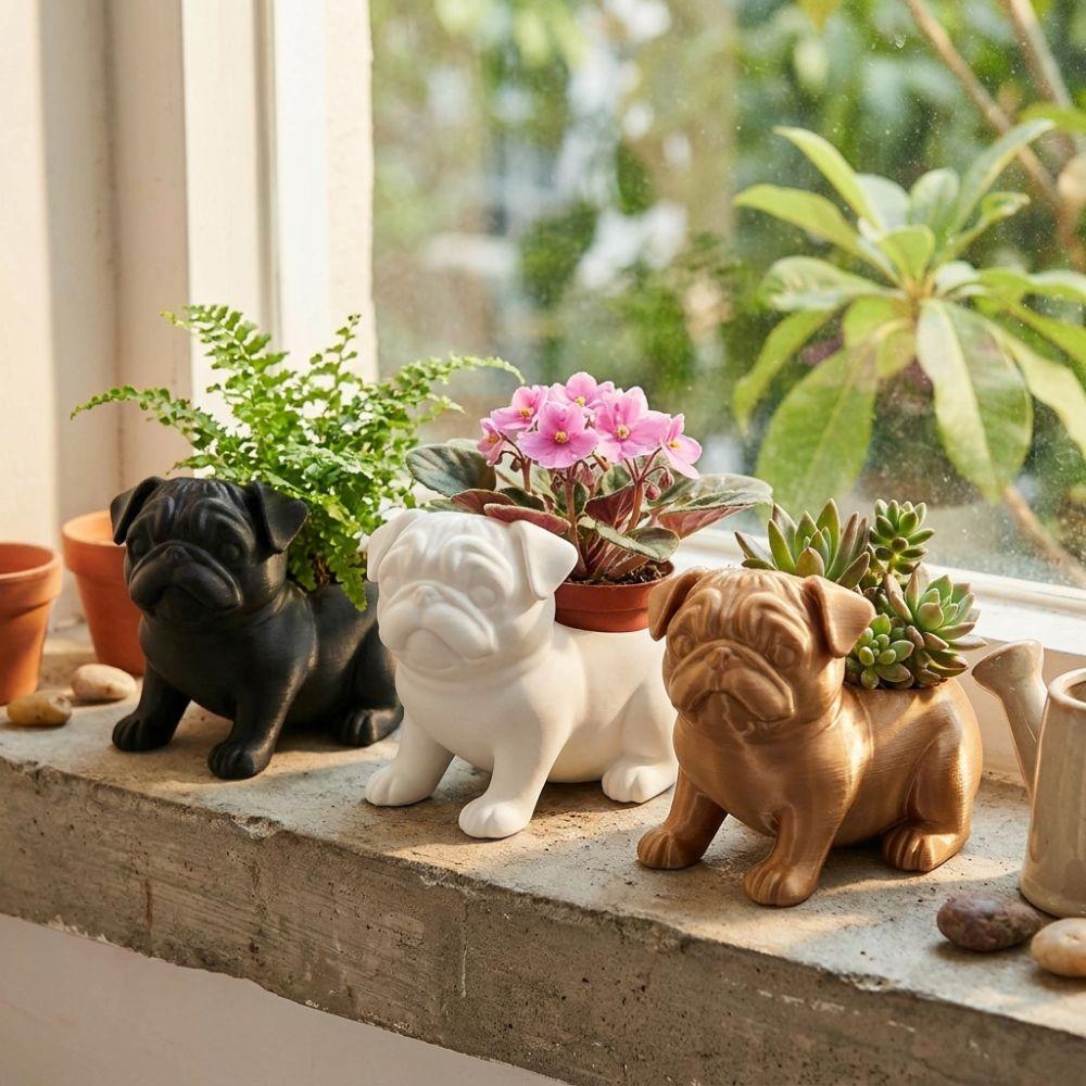 3D Printed Animal Shaped Pot Plastic Pug Figurine Plant Holder Desktop Display