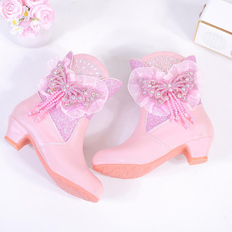 Girls Princess Boots High Heel Bowknot Plush Warm Children's Mid-calf Boots